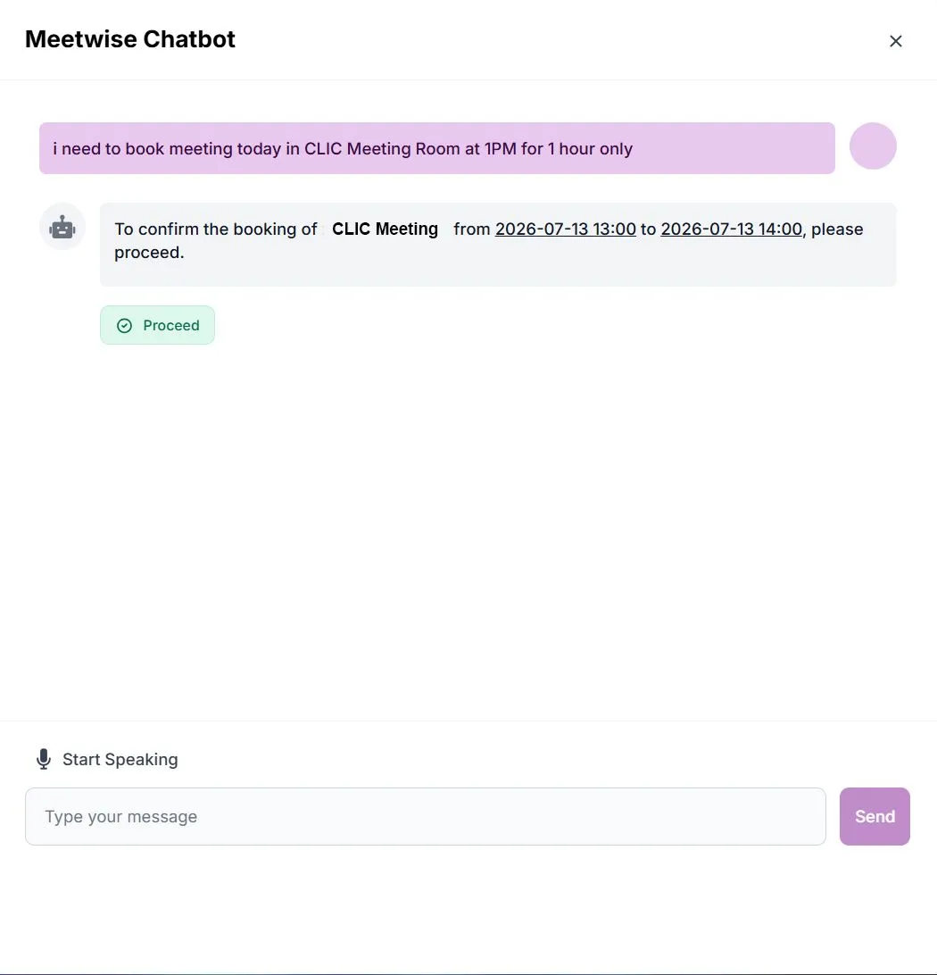 MeetWise AI assistant booking a meeting room from a natural-language request