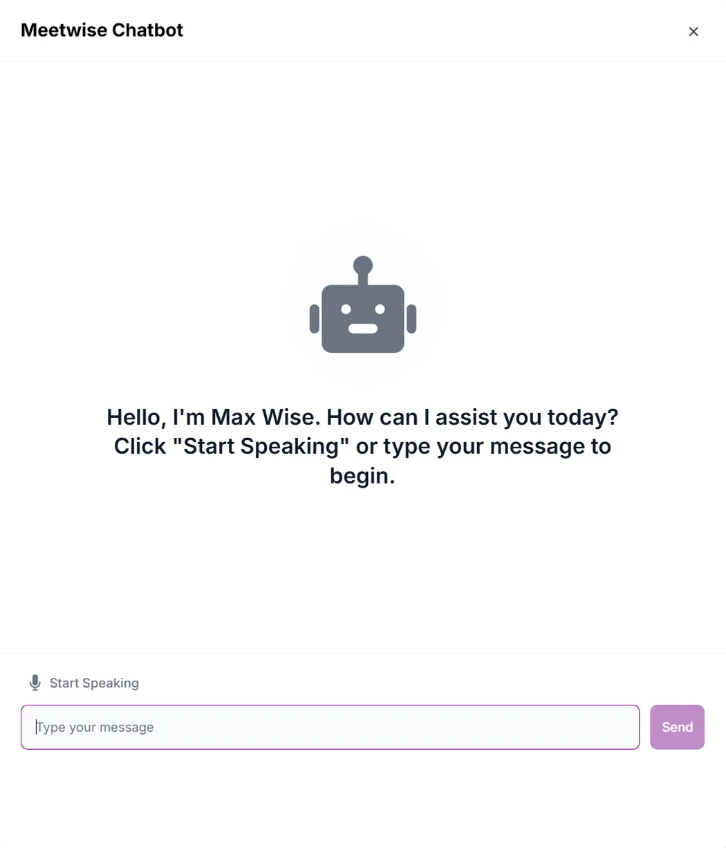 MeetWise AI assistant welcome screen offering voice or text meeting booking