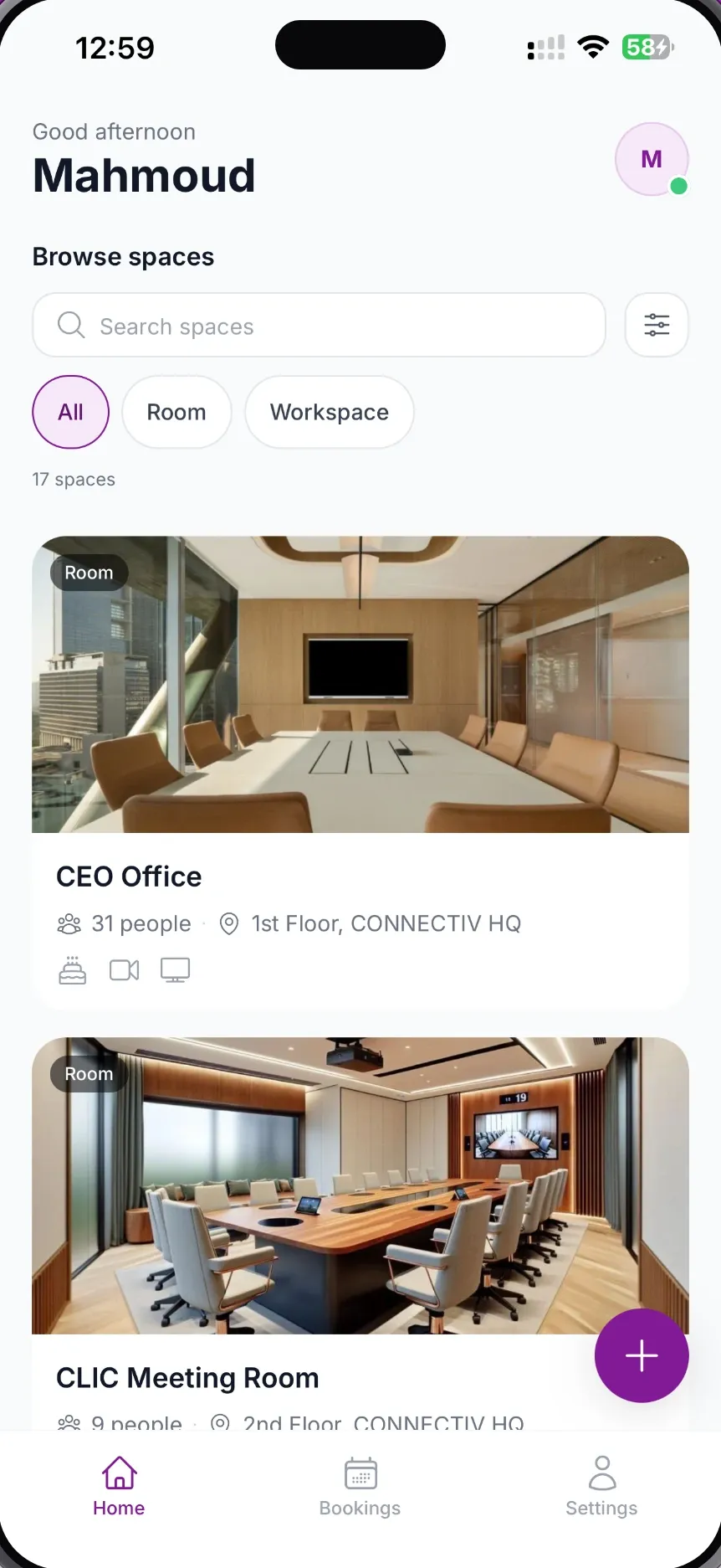 MeetWise for iPhone home screen listing spaces such as the CEO Office and the CLIC Meeting Room, each with a photo, capacity and floor