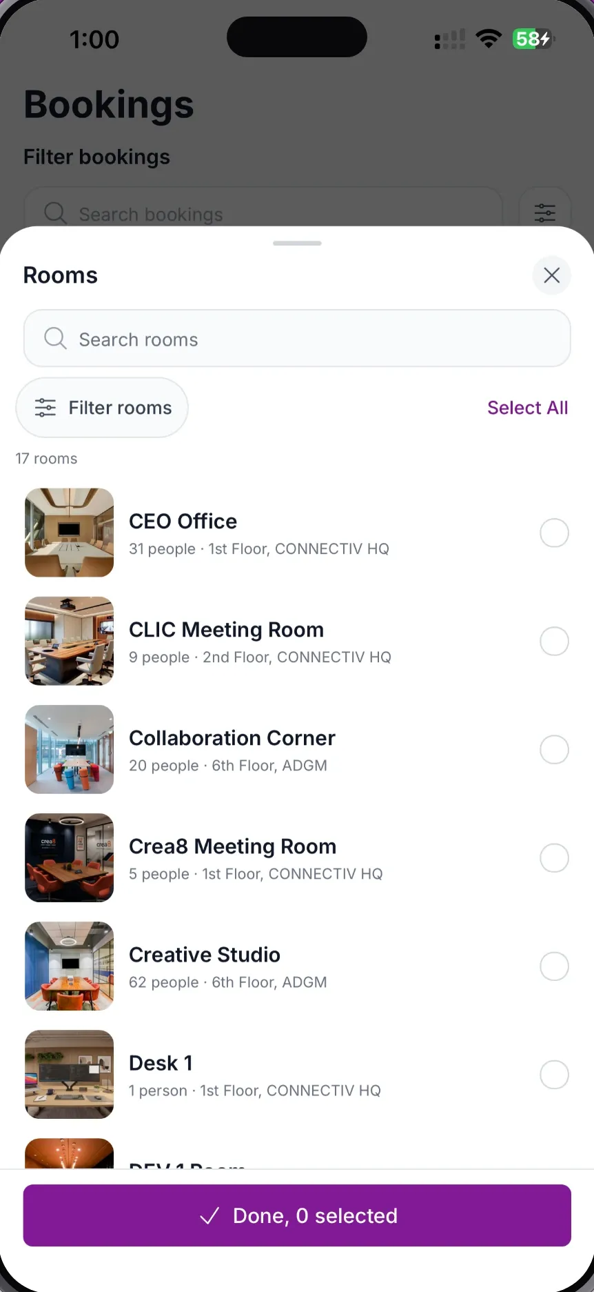 MeetWise for iPhone room picker with a search field, a Filter rooms button, a Select All link and a list of rooms with a Done button