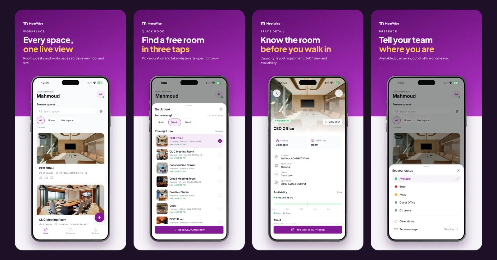 MeetWise for iPhone screens: the list of spaces, Quick book, a room detail page with its availability, and the set your status menu