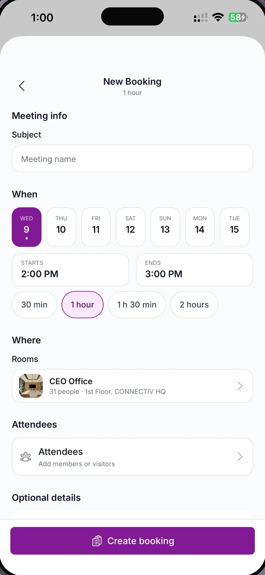 MeetWise for iPhone New Booking screen with a subject field, date and time pickers, the chosen room, attendees and a Create booking button