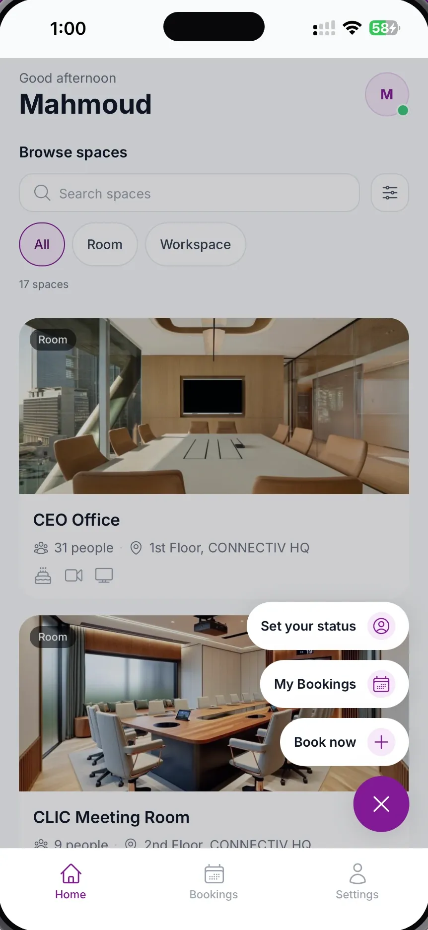 MeetWise for iPhone home screen with the floating menu open, showing Set your status, My Bookings and Book now