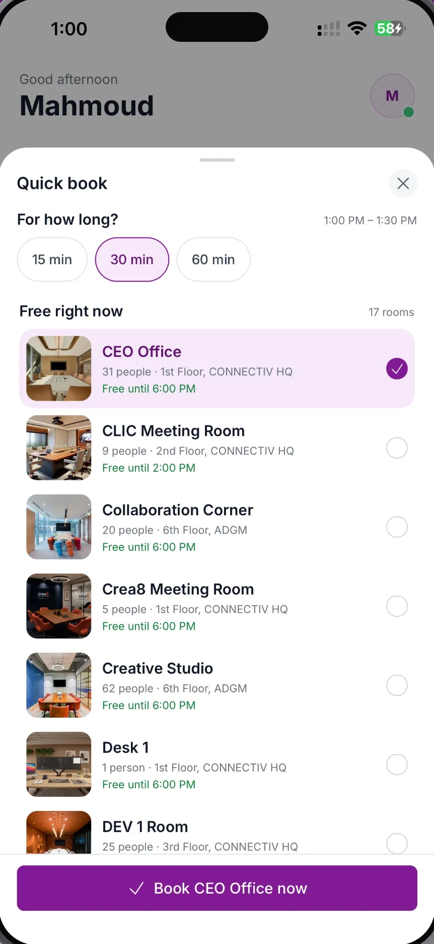 MeetWise for iPhone Quick book sheet with 15, 30 and 60 minute options and a list of rooms that are free right now, with a Book CEO Office now button