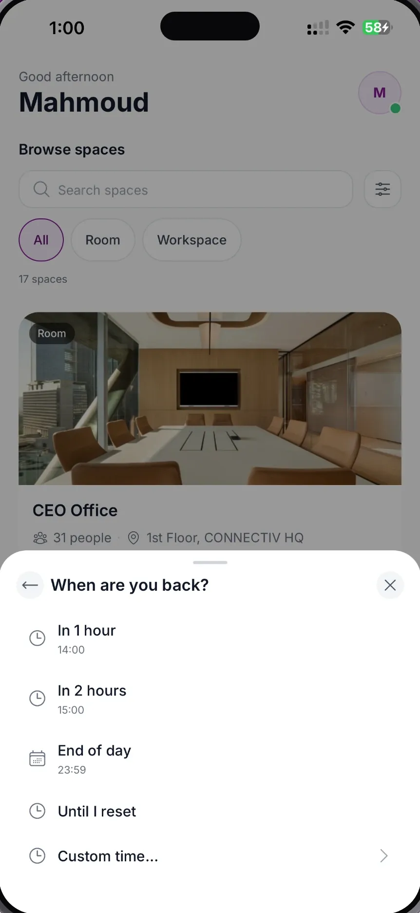 MeetWise for iPhone When are you back sheet offering In 1 hour, In 2 hours, End of day, Until I reset and Custom time