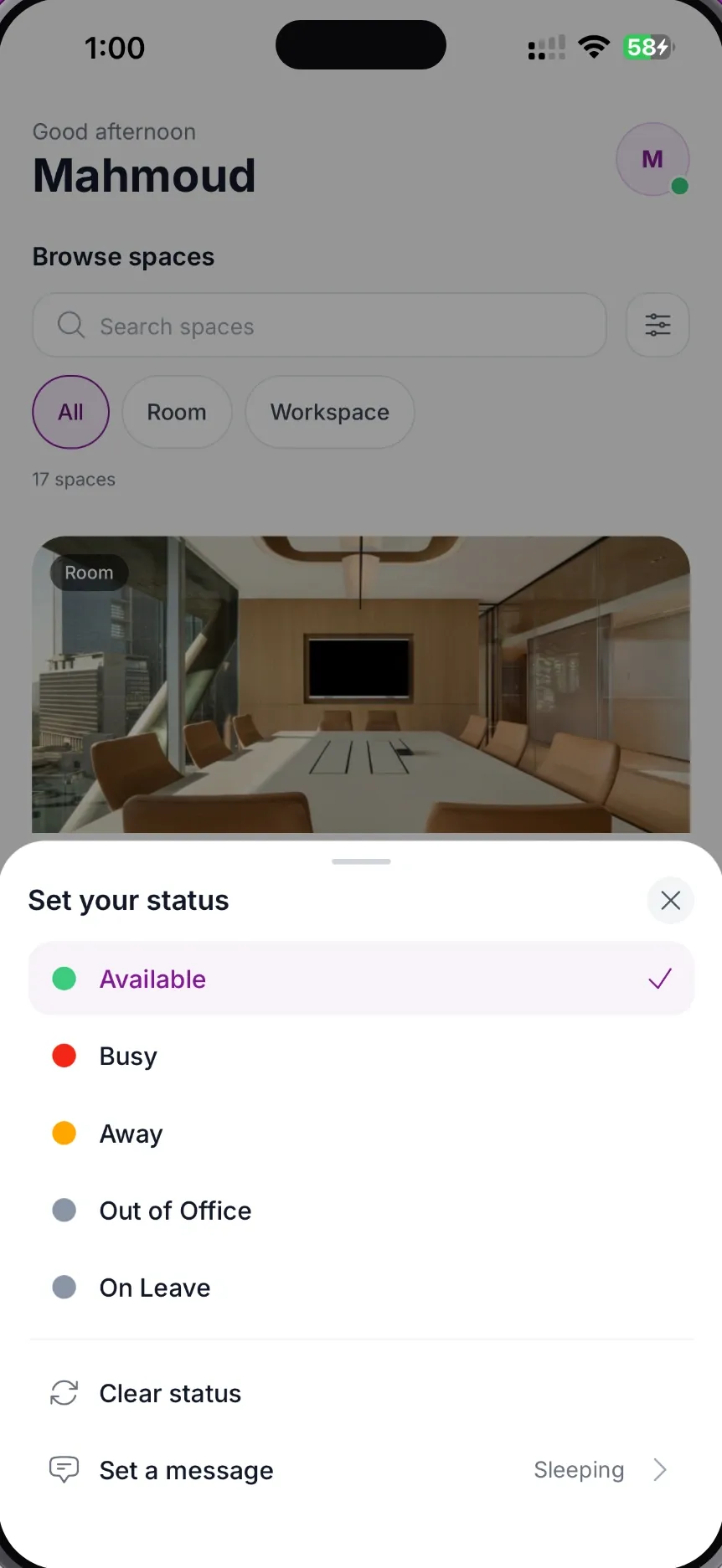 MeetWise for iPhone Set your status sheet with Available, Busy, Away, Out of Office and On Leave, plus Clear status and Set a message