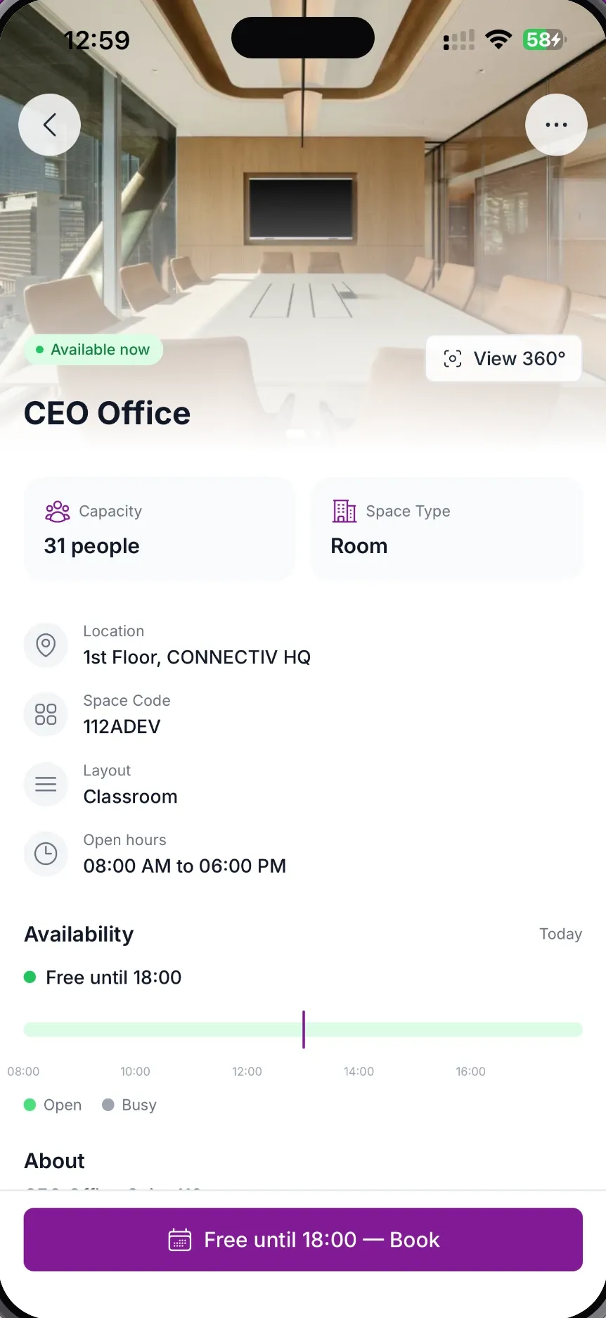 MeetWise for iPhone detail page for the CEO Office with a photo and View 360 button, capacity of 31 people, location, layout, opening hours and today's availability