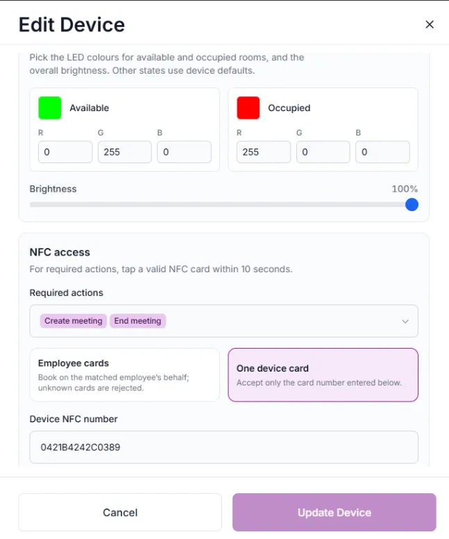 Management portal configuring O.R.B LED colours and NFC access