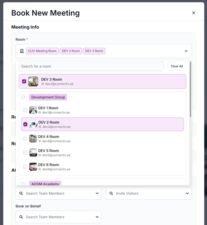 Management portal book new meeting dialog with room selection