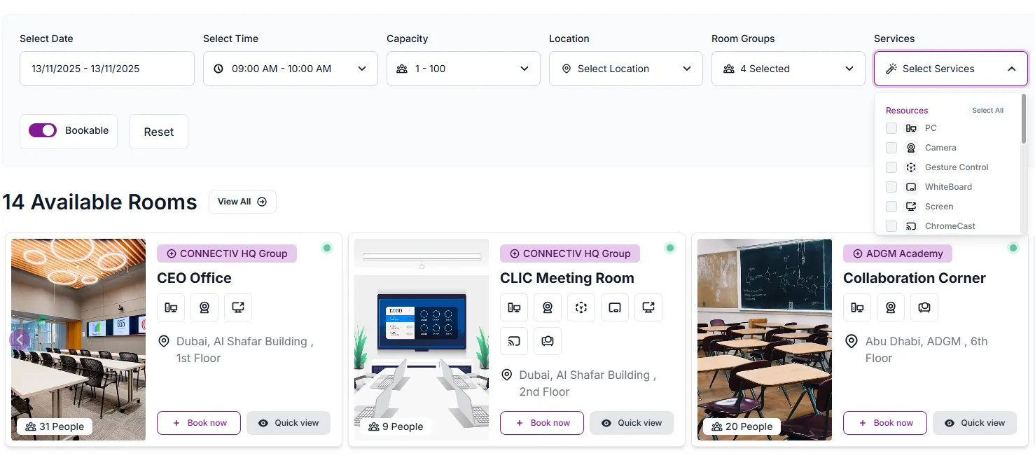 Management portal booking search with capacity and service filters