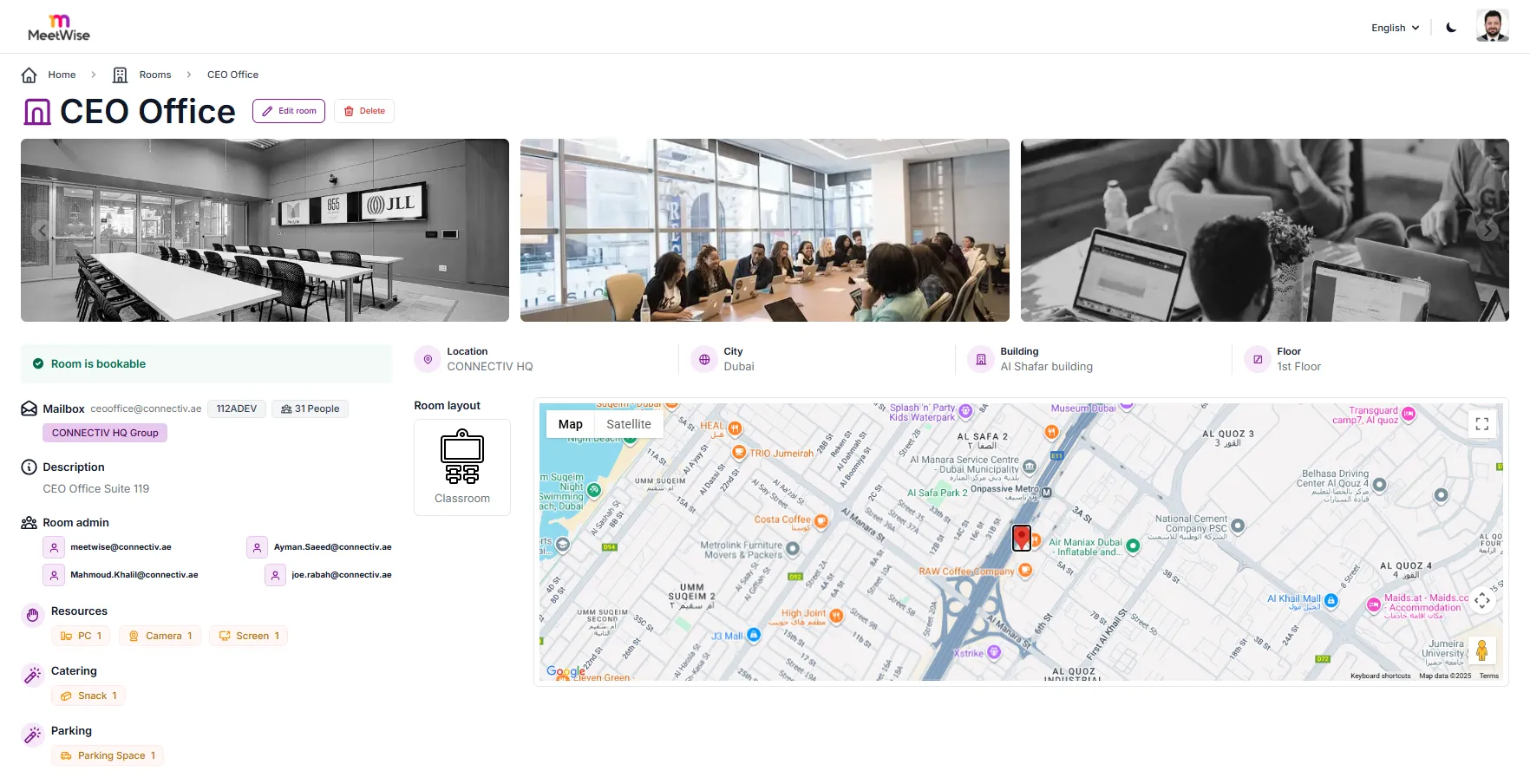 Management portal room details page with photos and location
