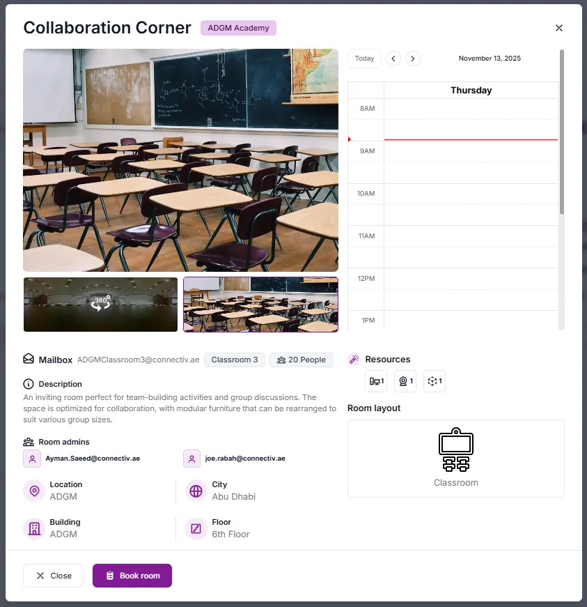 Management portal room quick-view with availability calendar