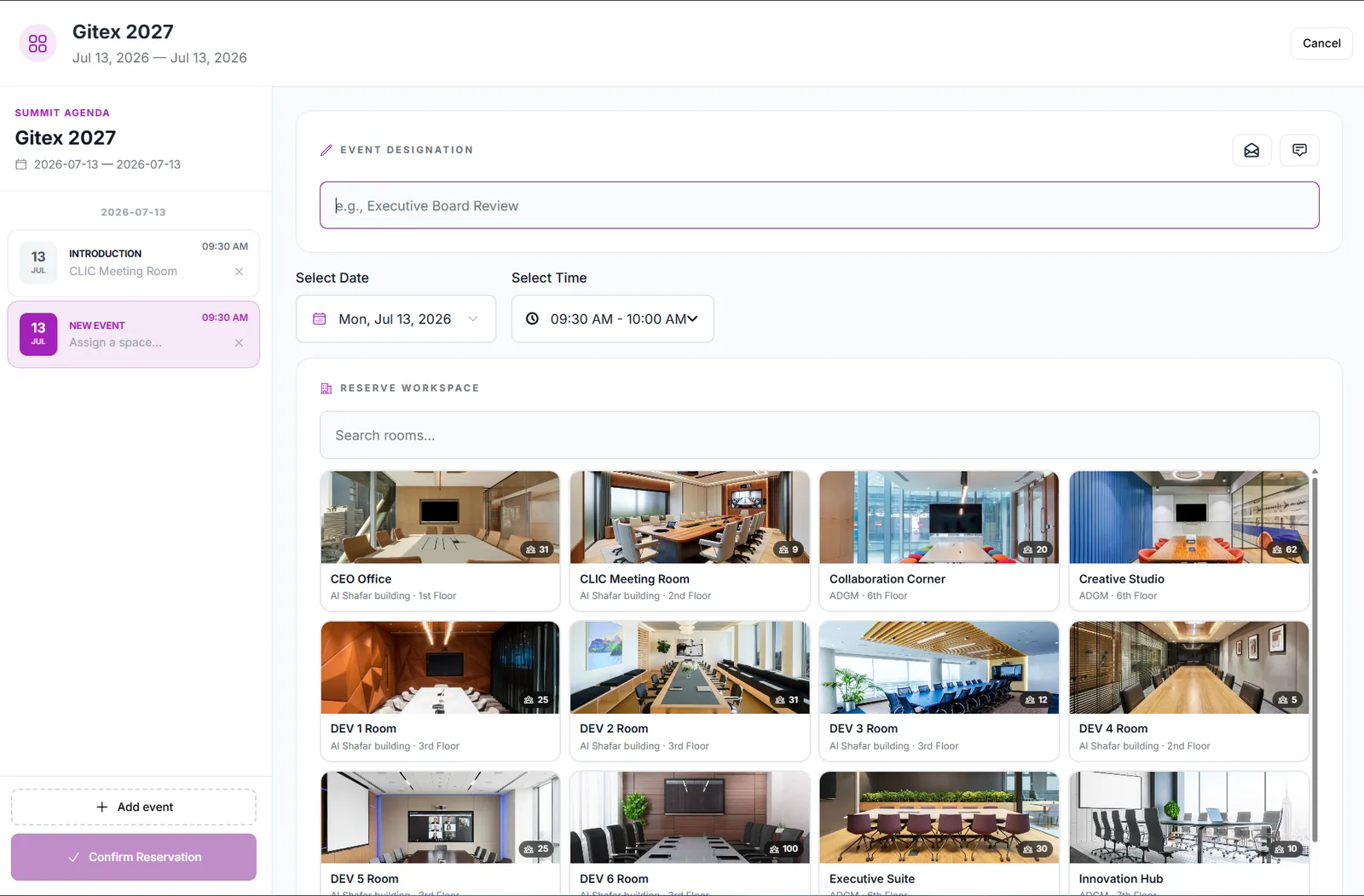 Summit booking agenda builder scheduling a multi-day event across several rooms