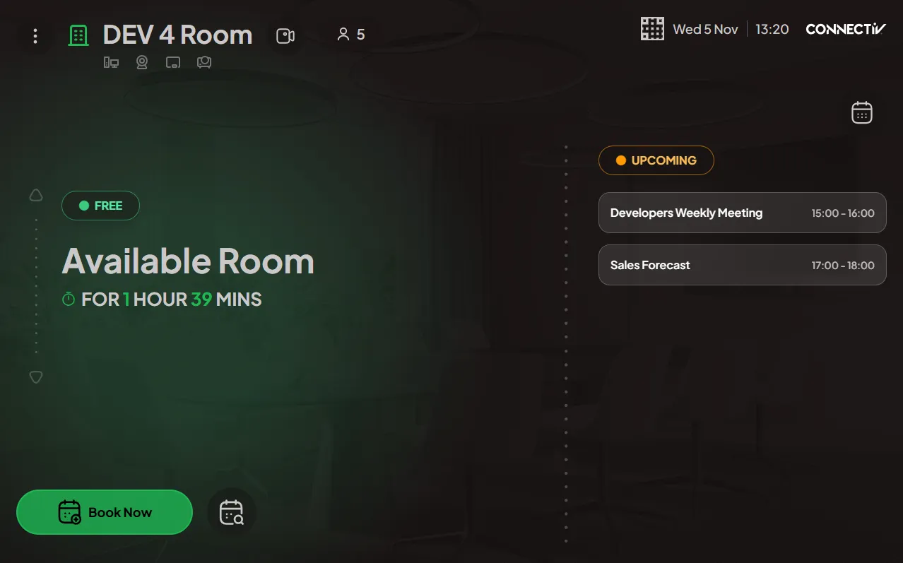 MeetWise Android display showing an available meeting room