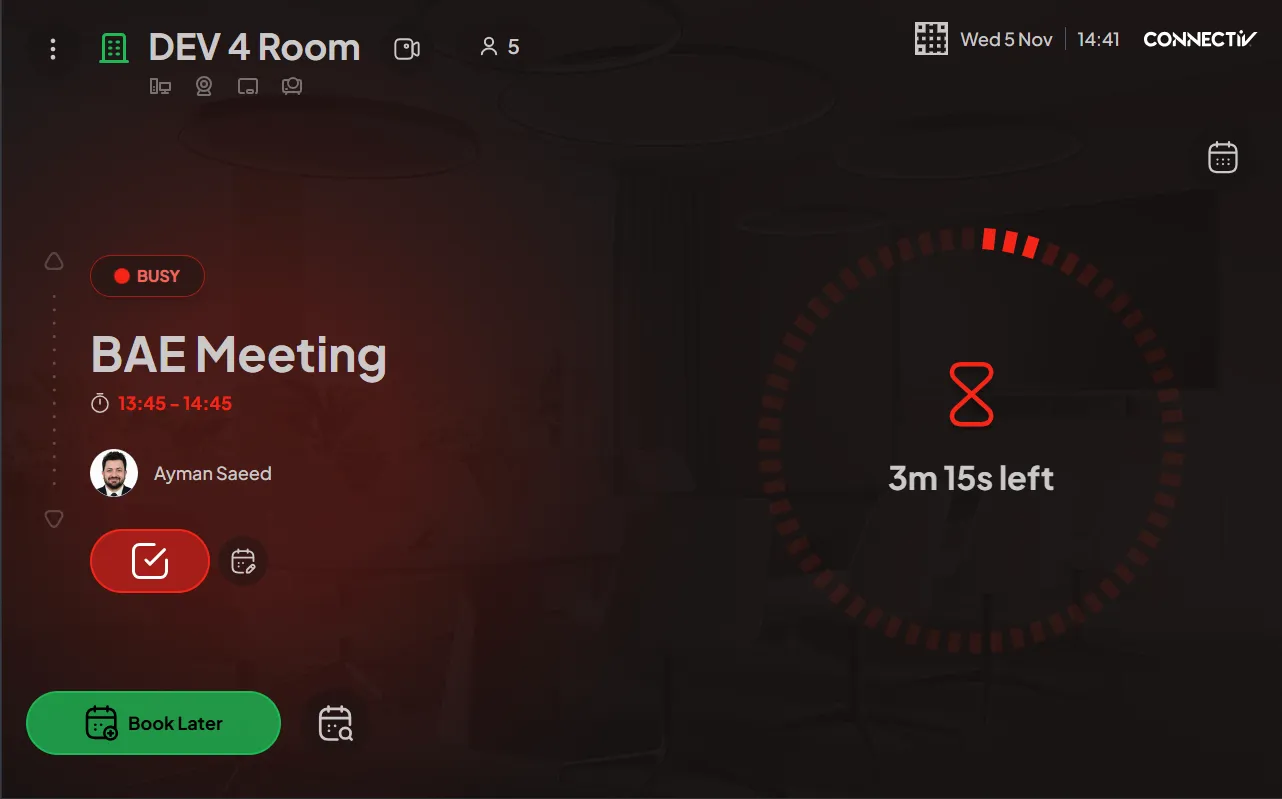 MeetWise Windows display showing a room in use with a meeting countdown