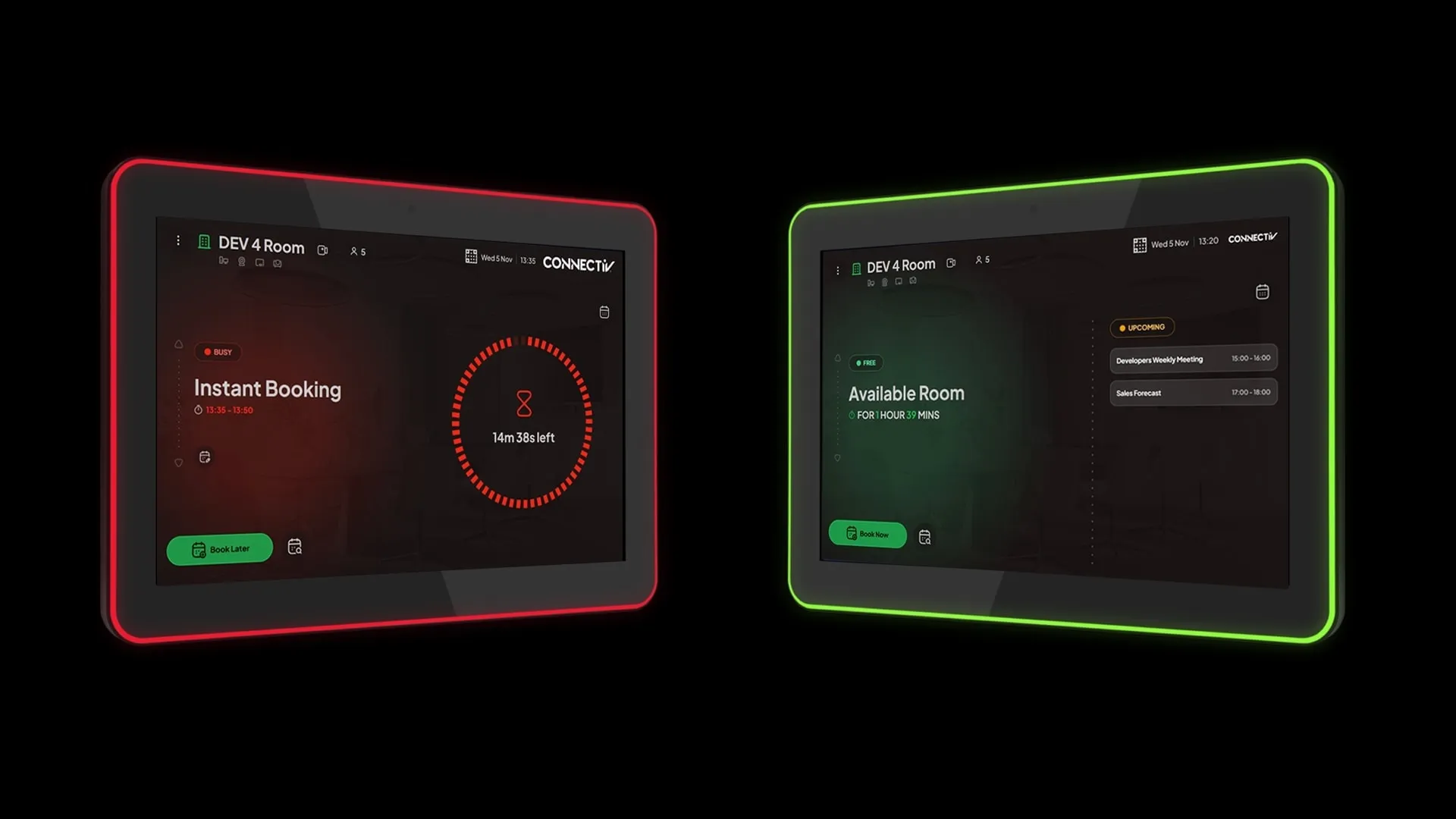Two MeetWise room displays side by side — one with a red busy LED, one with a green available LED