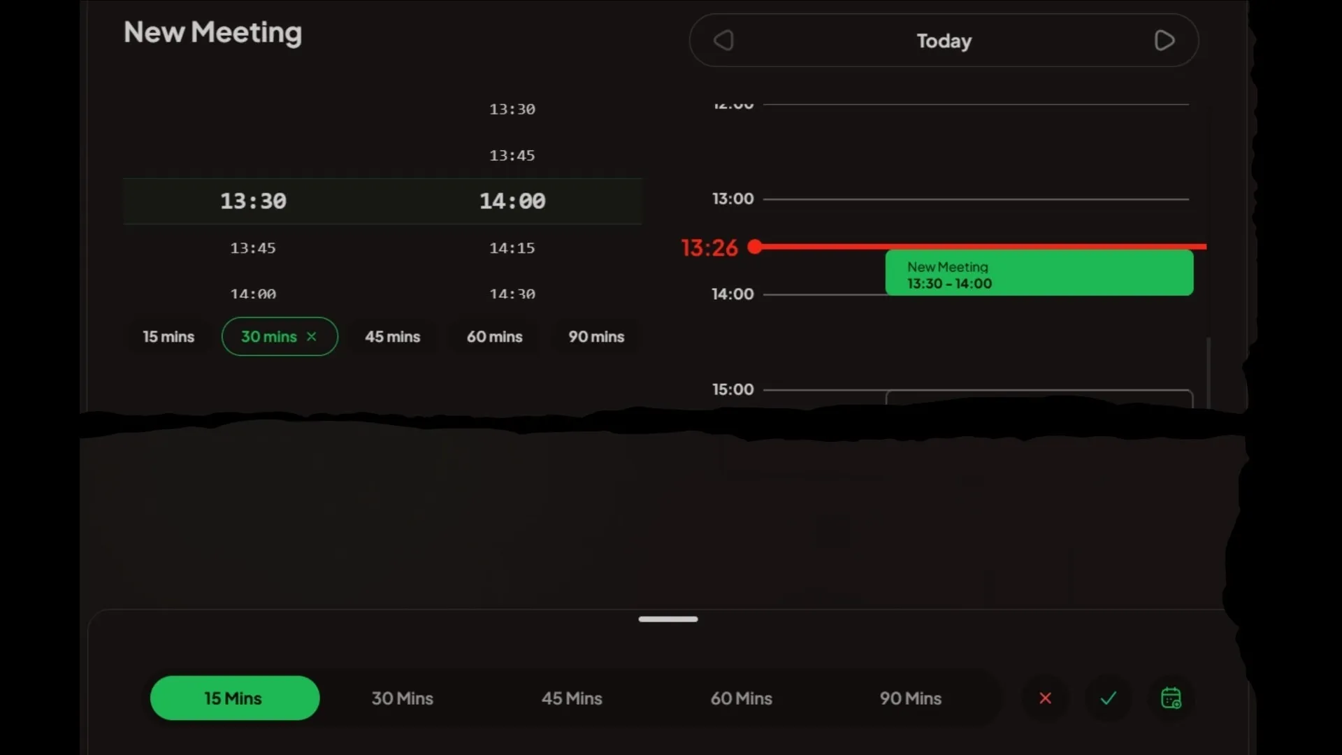 Room display booking a new meeting with duration selection