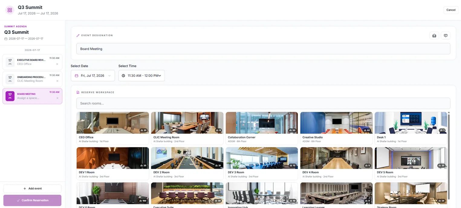 MeetWise Summit Booking interface showing a Q3 Summit agenda and a grid of reservable rooms