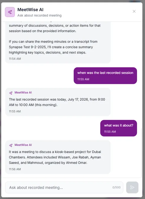 The Synapse AI chat answering questions about a past recorded meeting inside the MeetWise portal