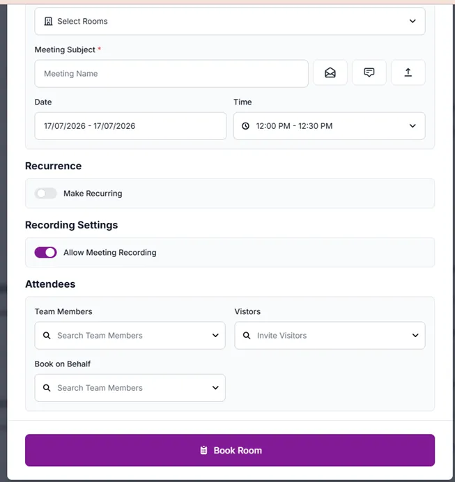 Booking a meeting with the Allow Meeting Recording option enabled in Recording Settings