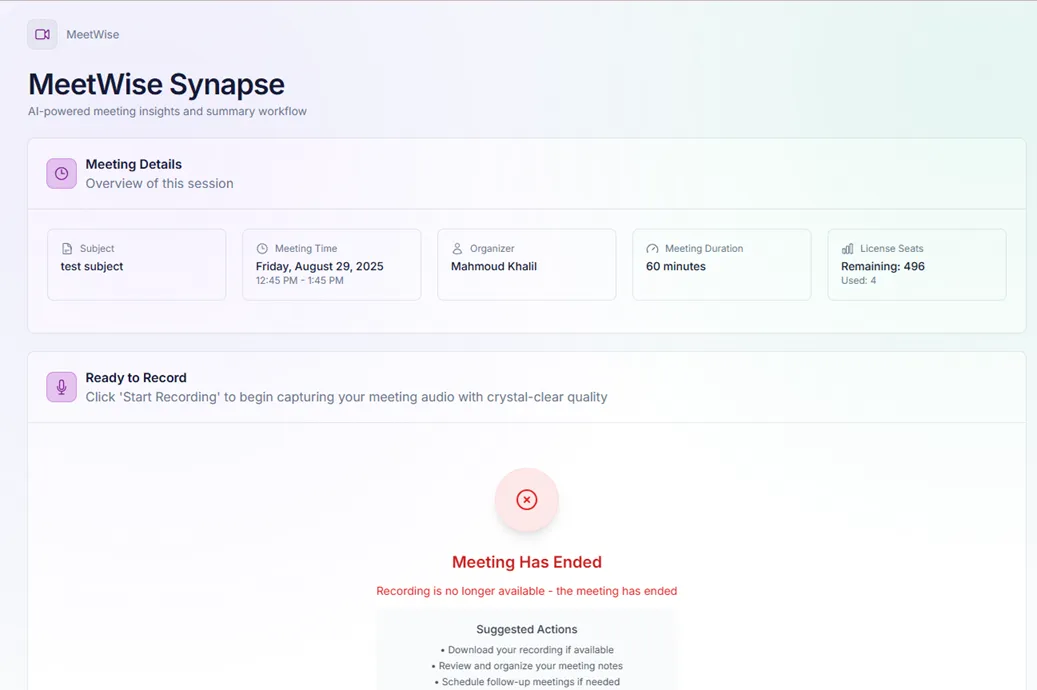 MeetWise Synapse workflow screen showing meeting details and recording controls